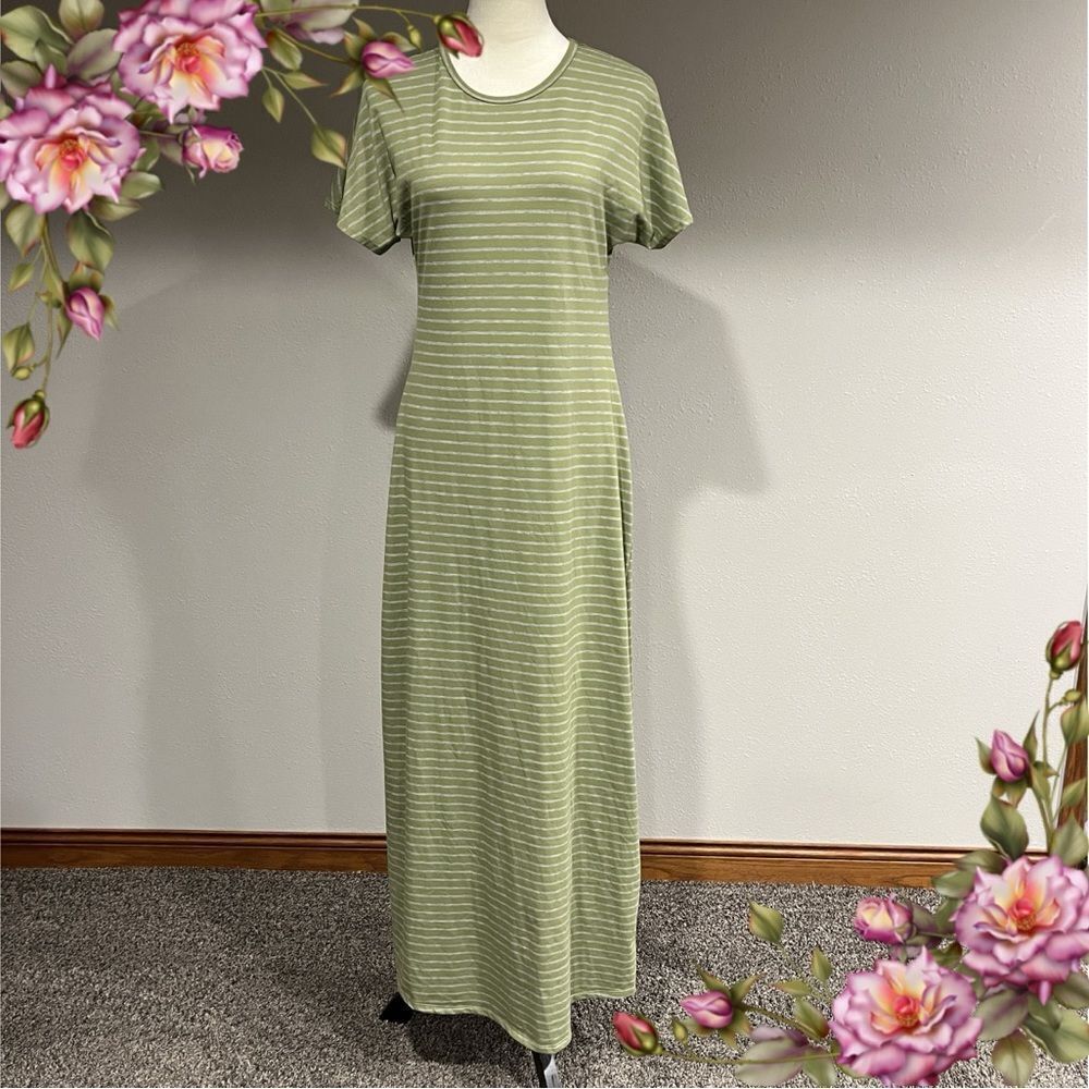 LuLaRoe Maria Maxi Dress Green Gray Striped Print Size XS Extra Small